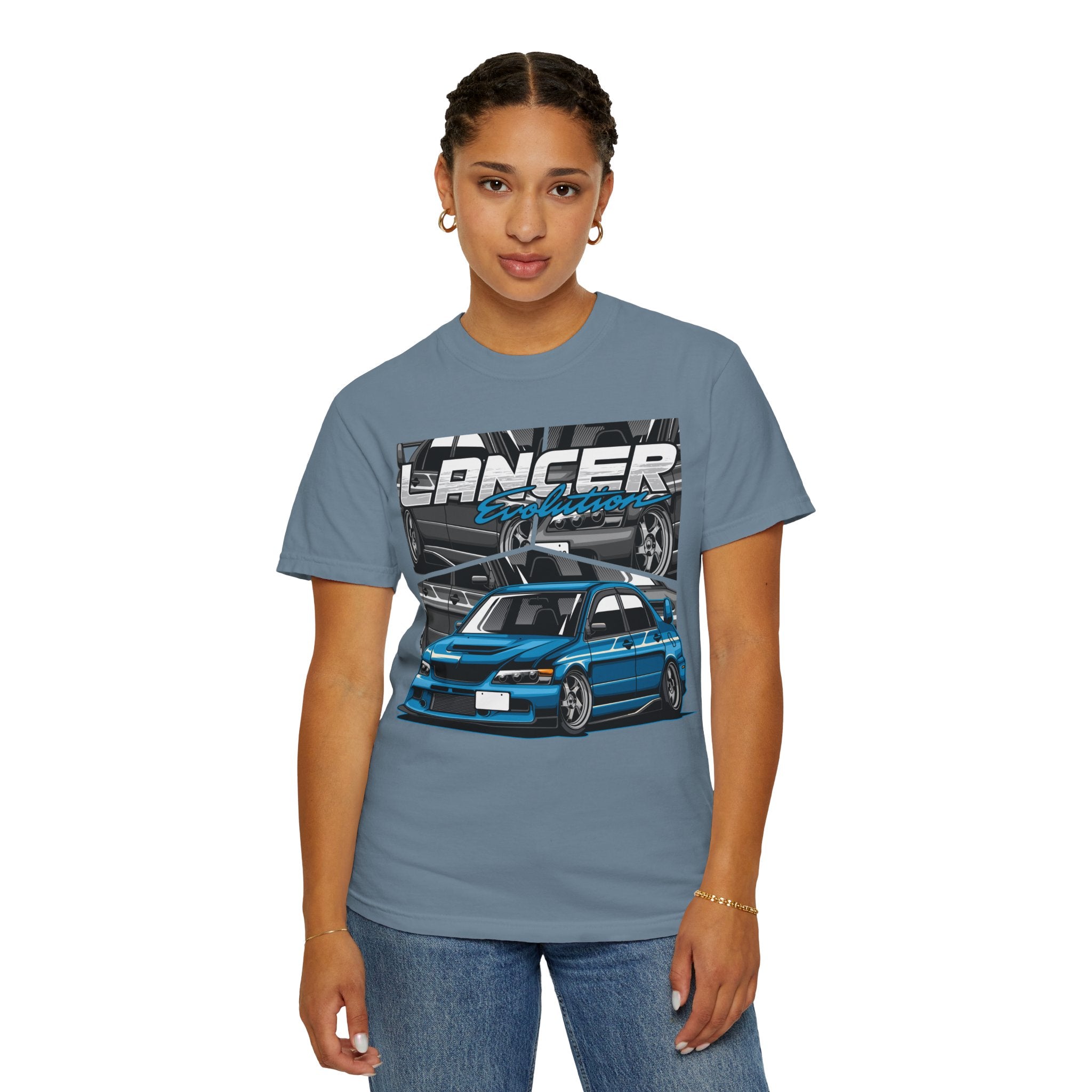 Lancer Evo Graphic T-Shirt — Blue Sports Car Street Racing Tee