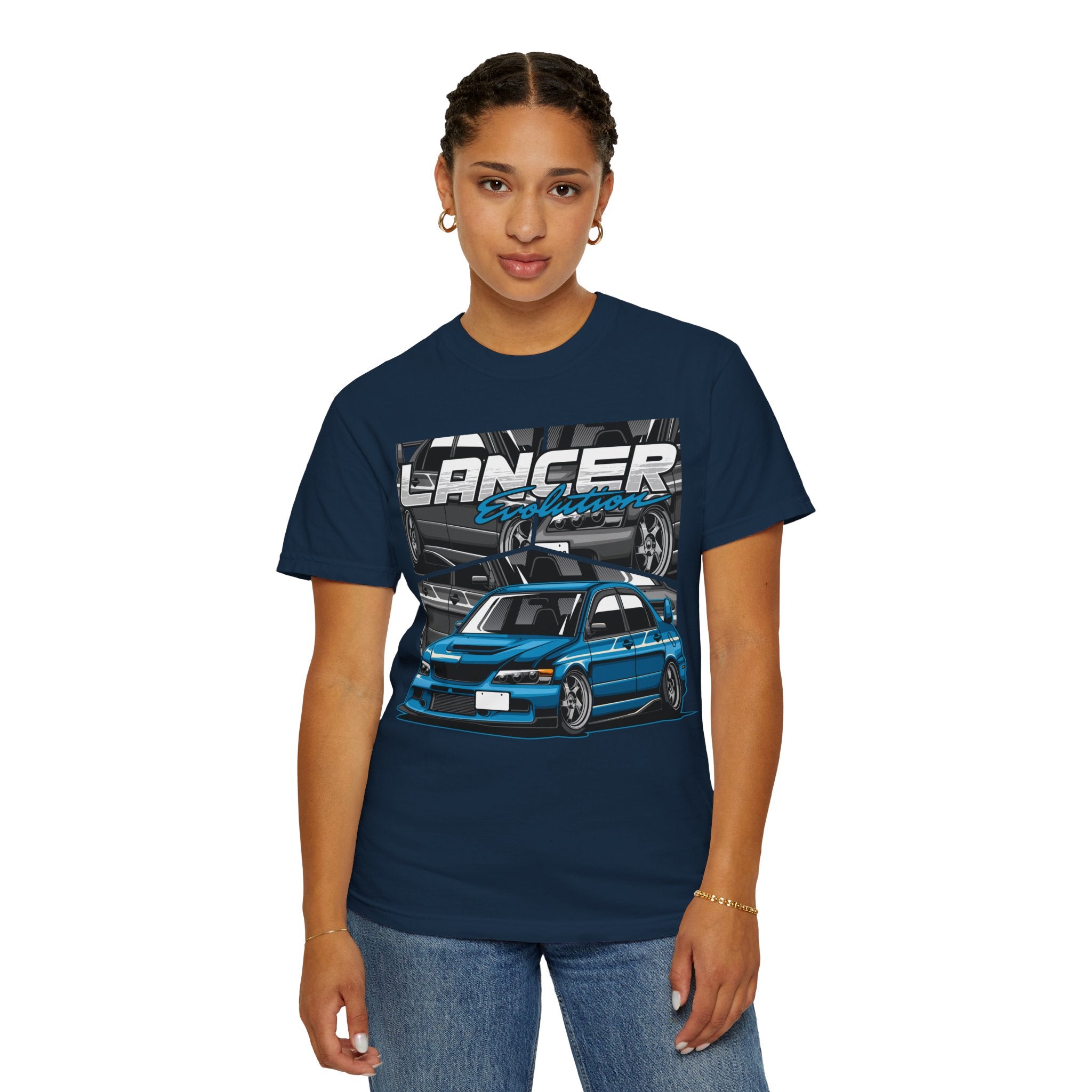 Lancer Evo Graphic T-Shirt — Blue Sports Car Street Racing Tee