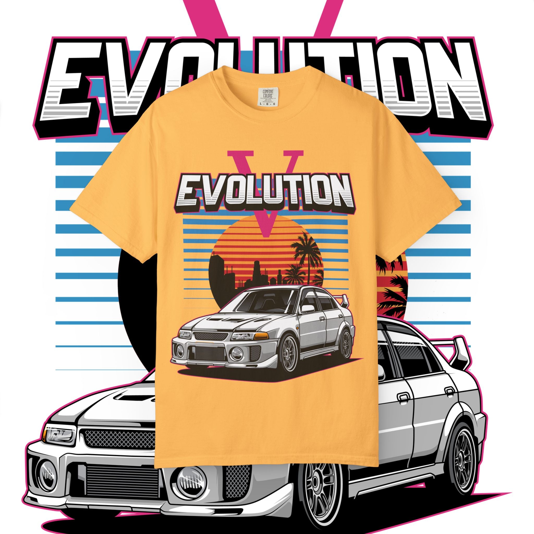 Evolution V Retro Car T-Shirt — Mitsubishi Evo V Skyline Sunset Graphic Tee
