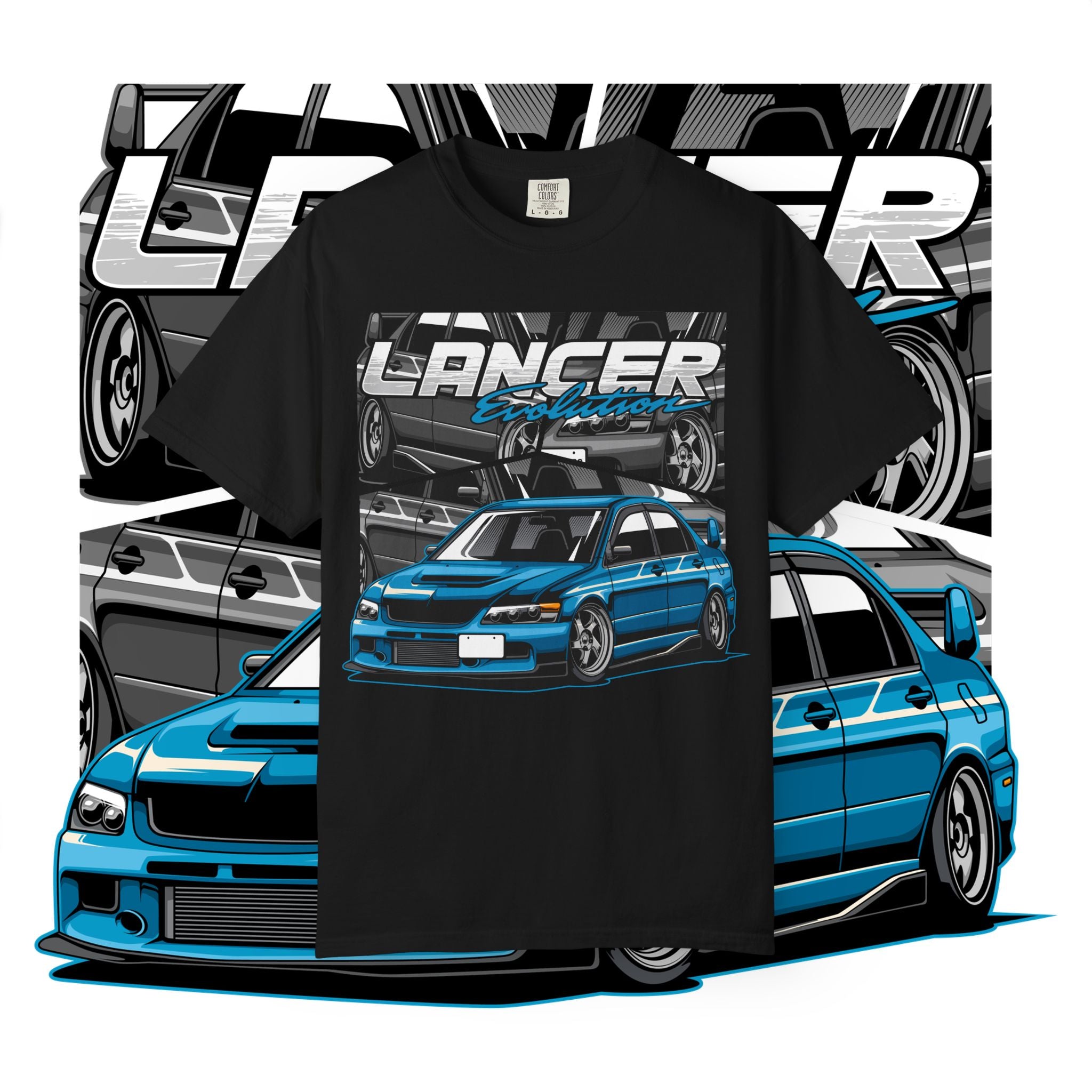 Lancer Evo Graphic T-Shirt — Blue Sports Car Street Racing Tee