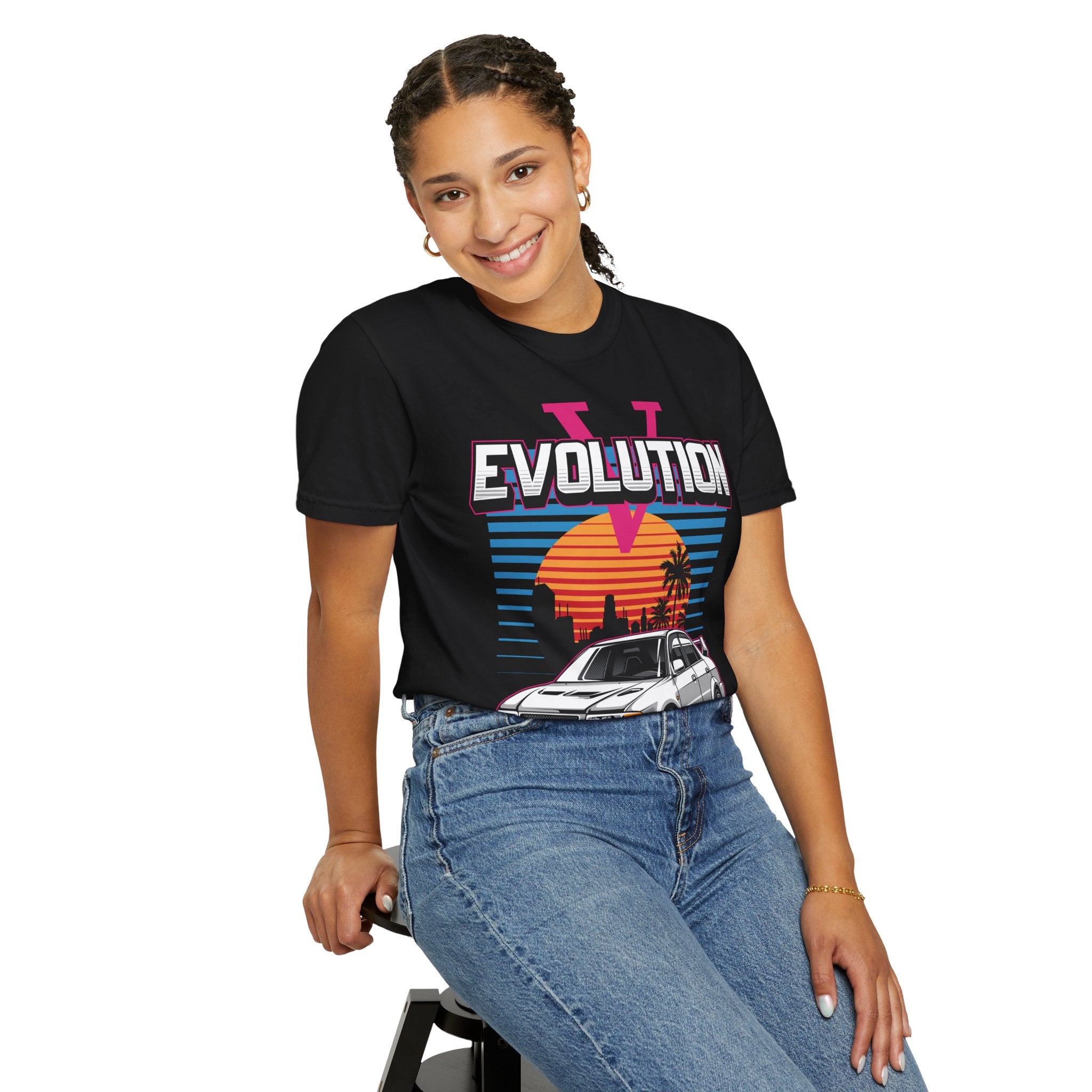 Evolution V Retro Car T-Shirt — Mitsubishi Evo V Skyline Sunset Graphic Tee