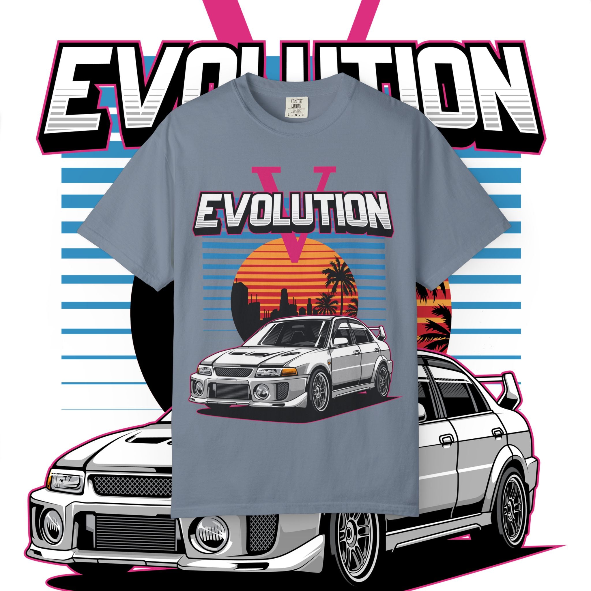 Evolution V Retro Car T-Shirt — Mitsubishi Evo V Skyline Sunset Graphic Tee