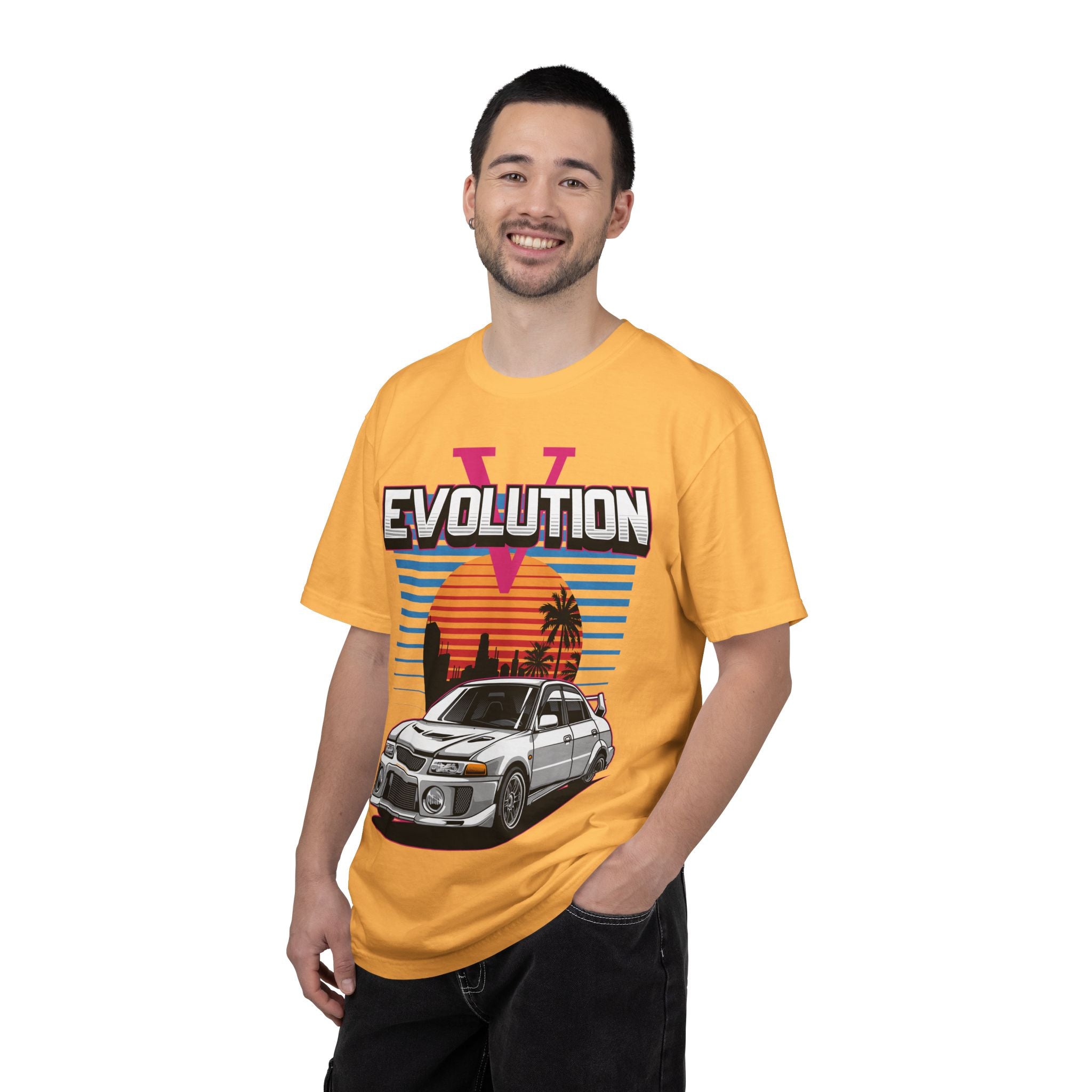Evolution V Retro Car T-Shirt — Mitsubishi Evo V Skyline Sunset Graphic Tee
