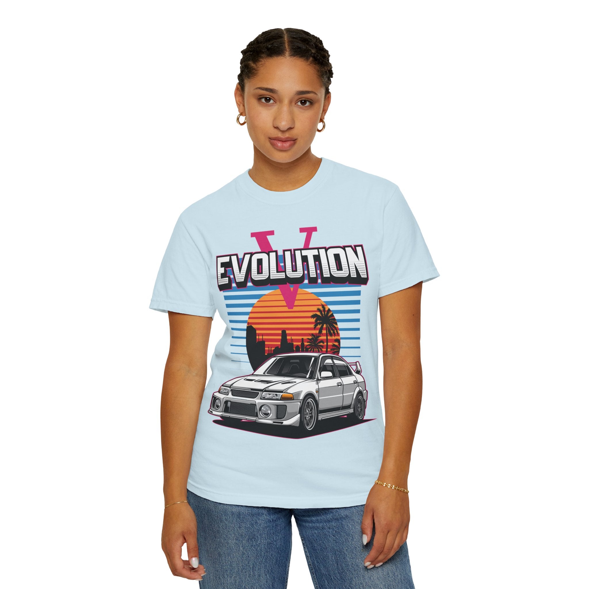 Evolution V Retro Car T-Shirt — Mitsubishi Evo V Skyline Sunset Graphic Tee
