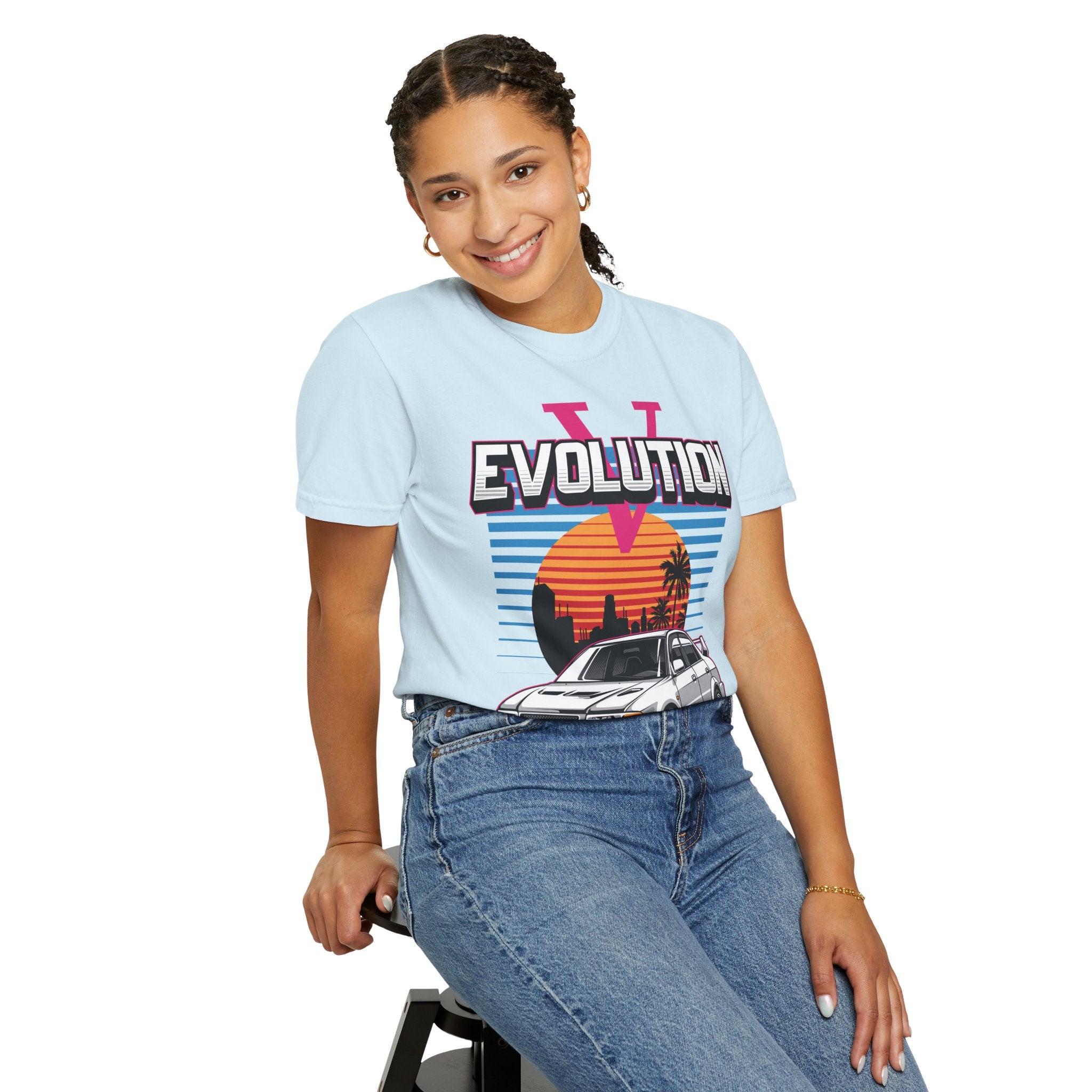 Evolution V Retro Car T-Shirt — Mitsubishi Evo V Skyline Sunset Graphic Tee
