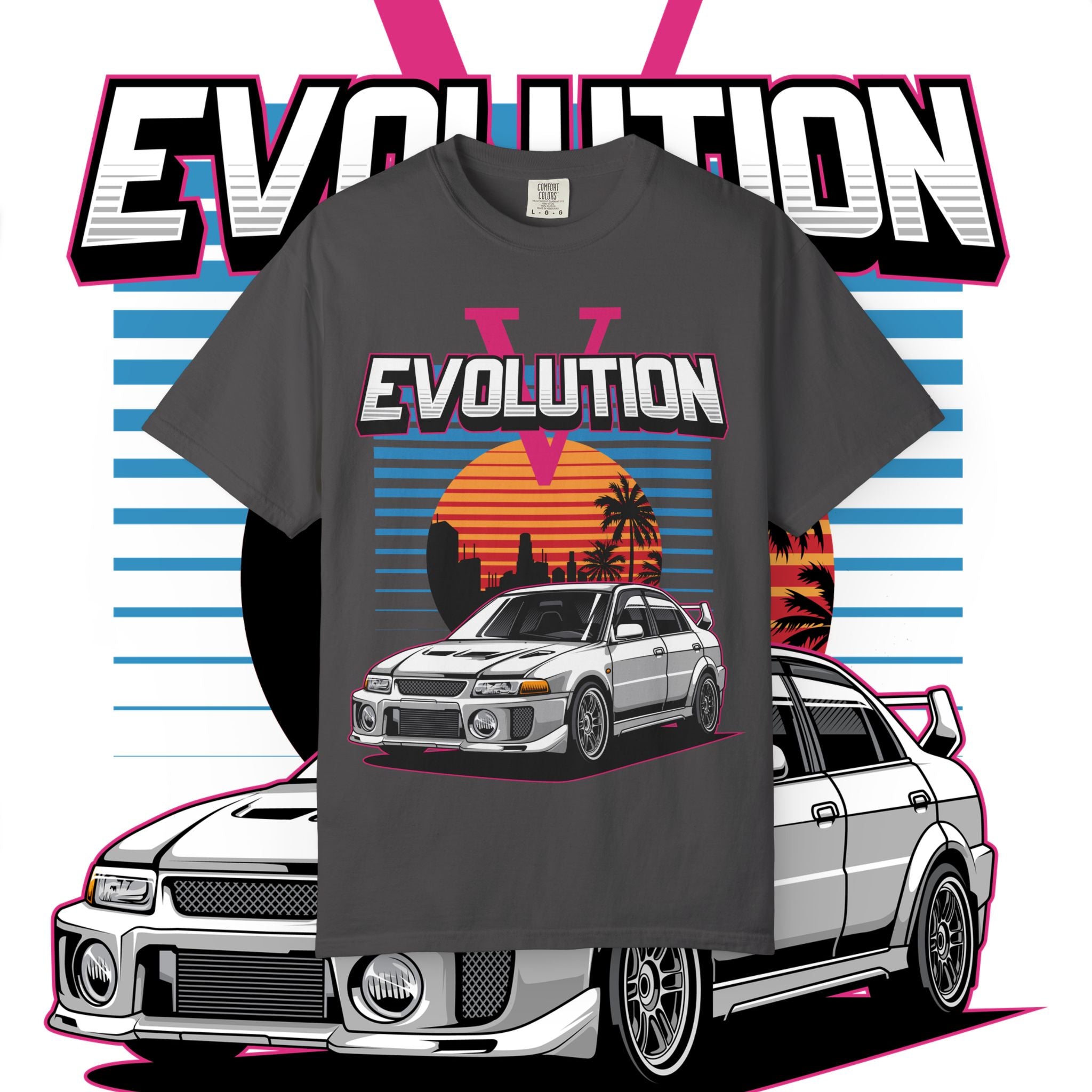 Evolution V Retro Car T-Shirt — Mitsubishi Evo V Skyline Sunset Graphic Tee