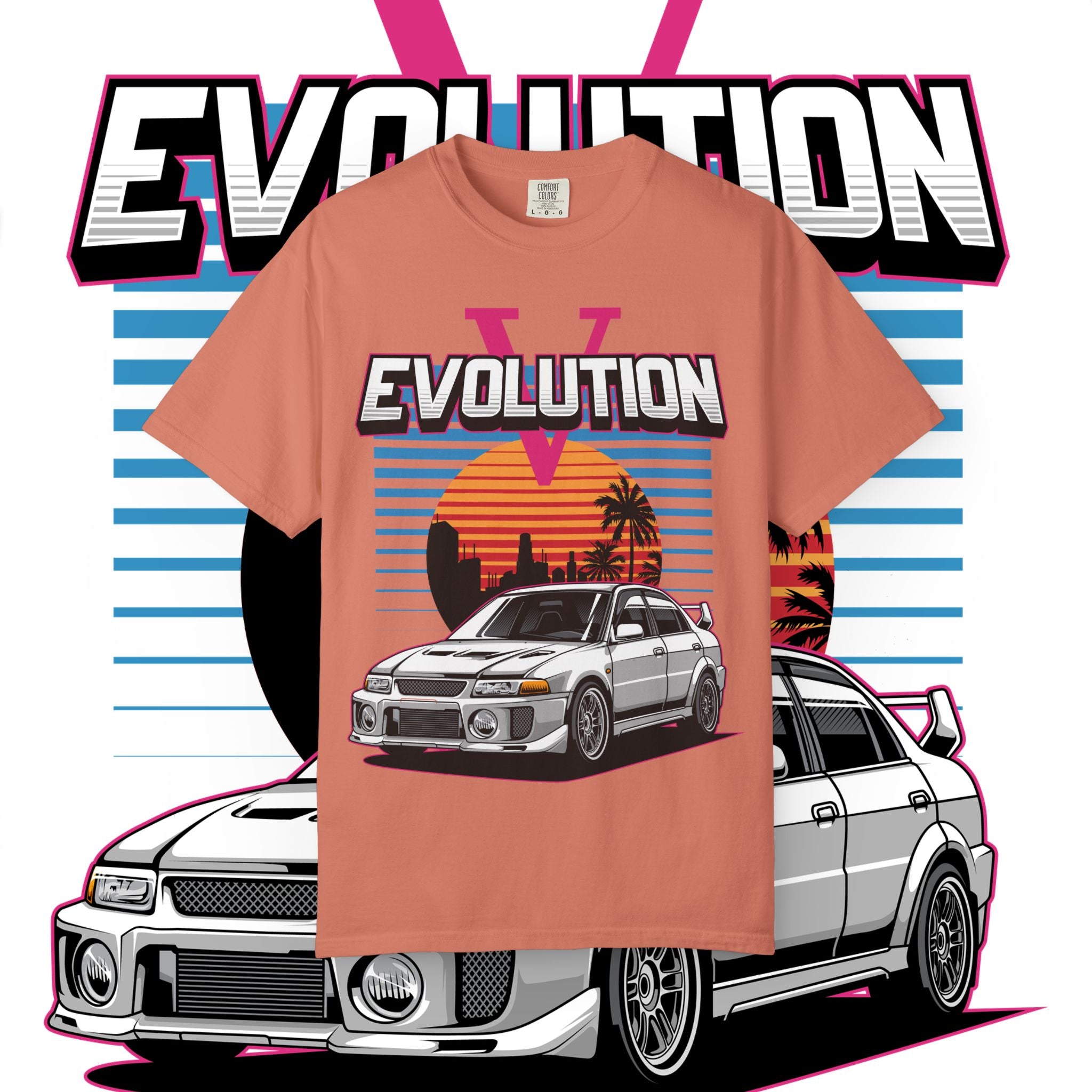 Evolution V Retro Car T-Shirt — Mitsubishi Evo V Skyline Sunset Graphic Tee