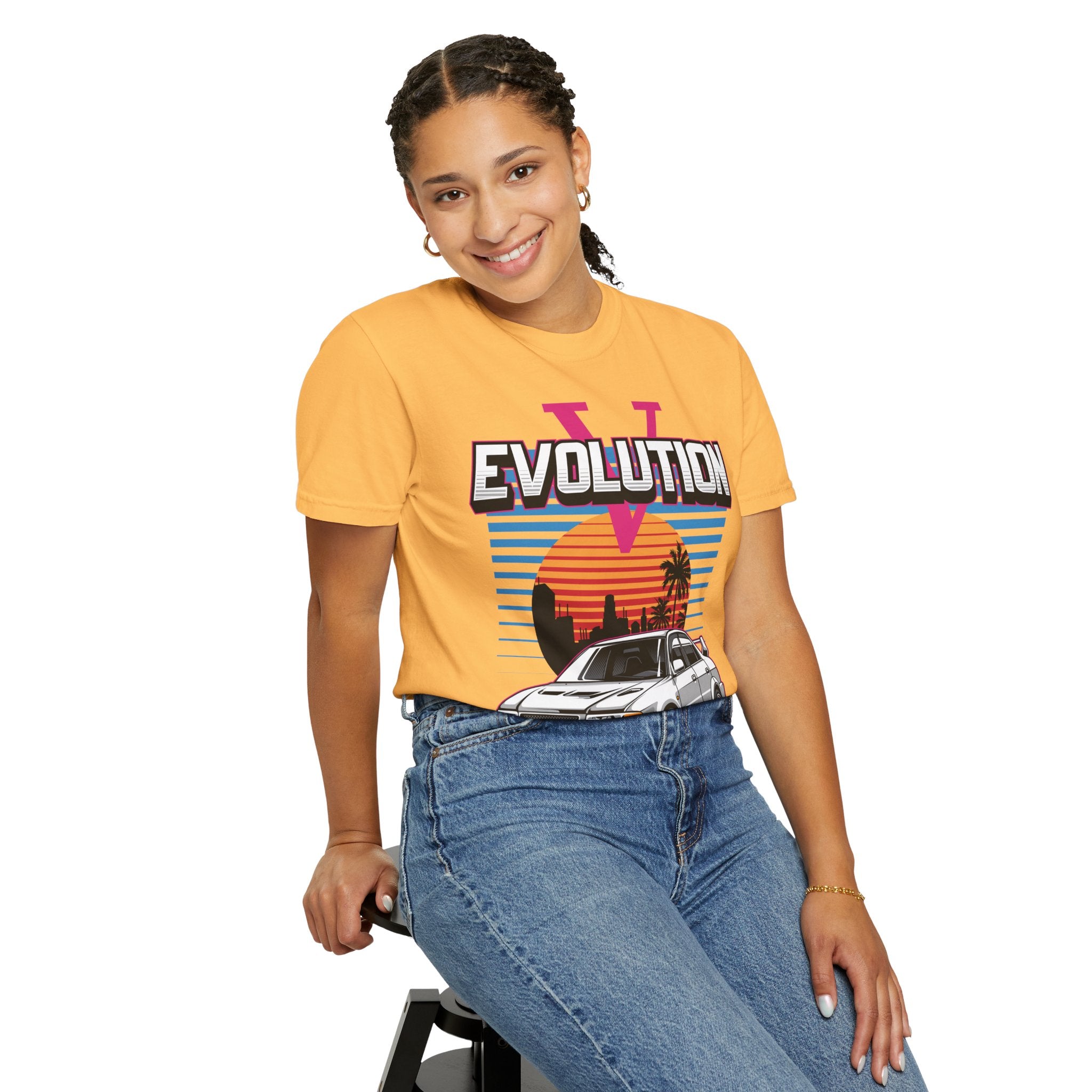 Evolution V Retro Car T-Shirt — Mitsubishi Evo V Skyline Sunset Graphic Tee