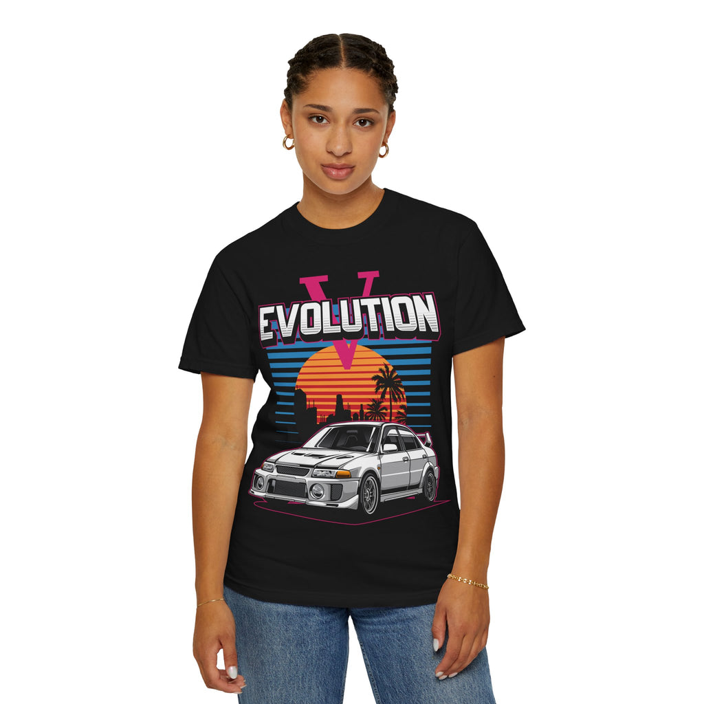 Evolution V Retro Car T-Shirt — Mitsubishi Evo V Skyline Sunset Graphic Tee