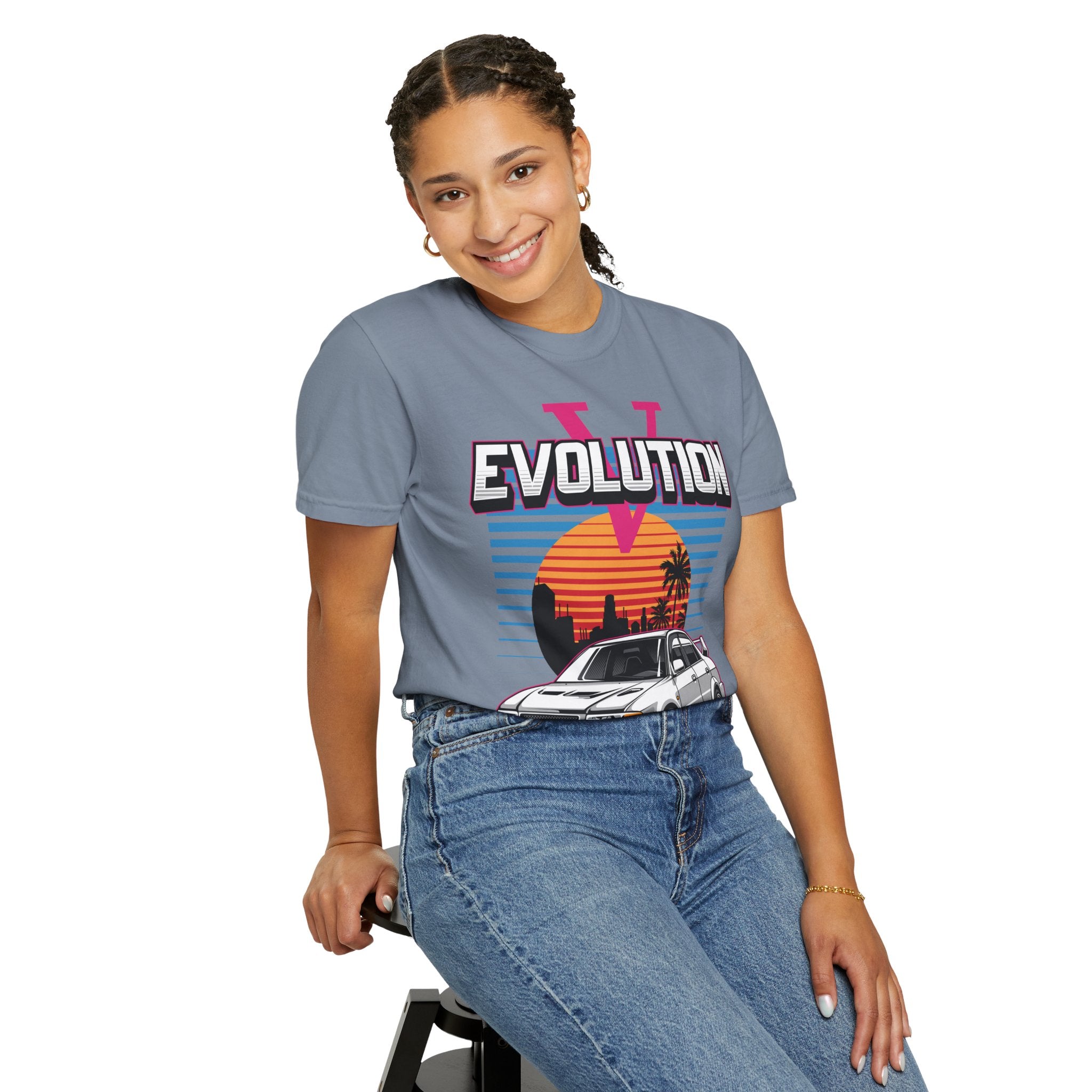 Evolution V Retro Car T-Shirt — Mitsubishi Evo V Skyline Sunset Graphic Tee