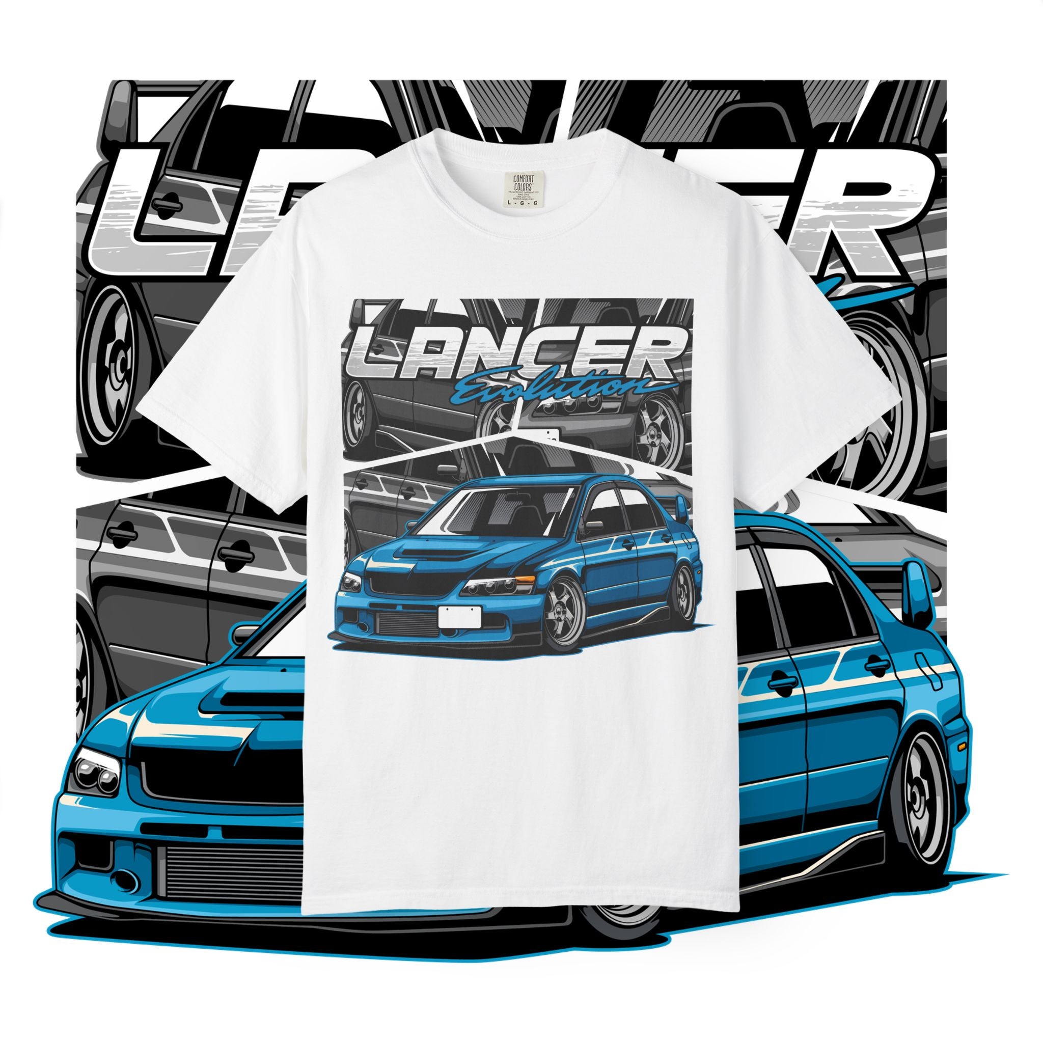 Lancer Evo Graphic T-Shirt — Blue Sports Car Street Racing Tee