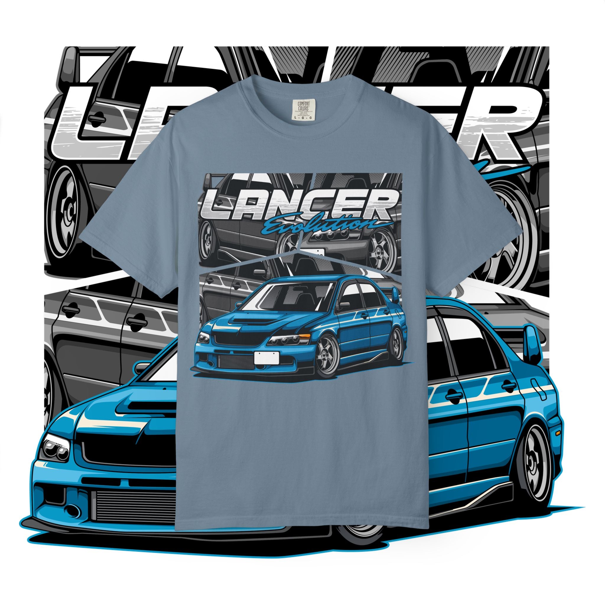 Lancer Evo Graphic T-Shirt — Blue Sports Car Street Racing Tee