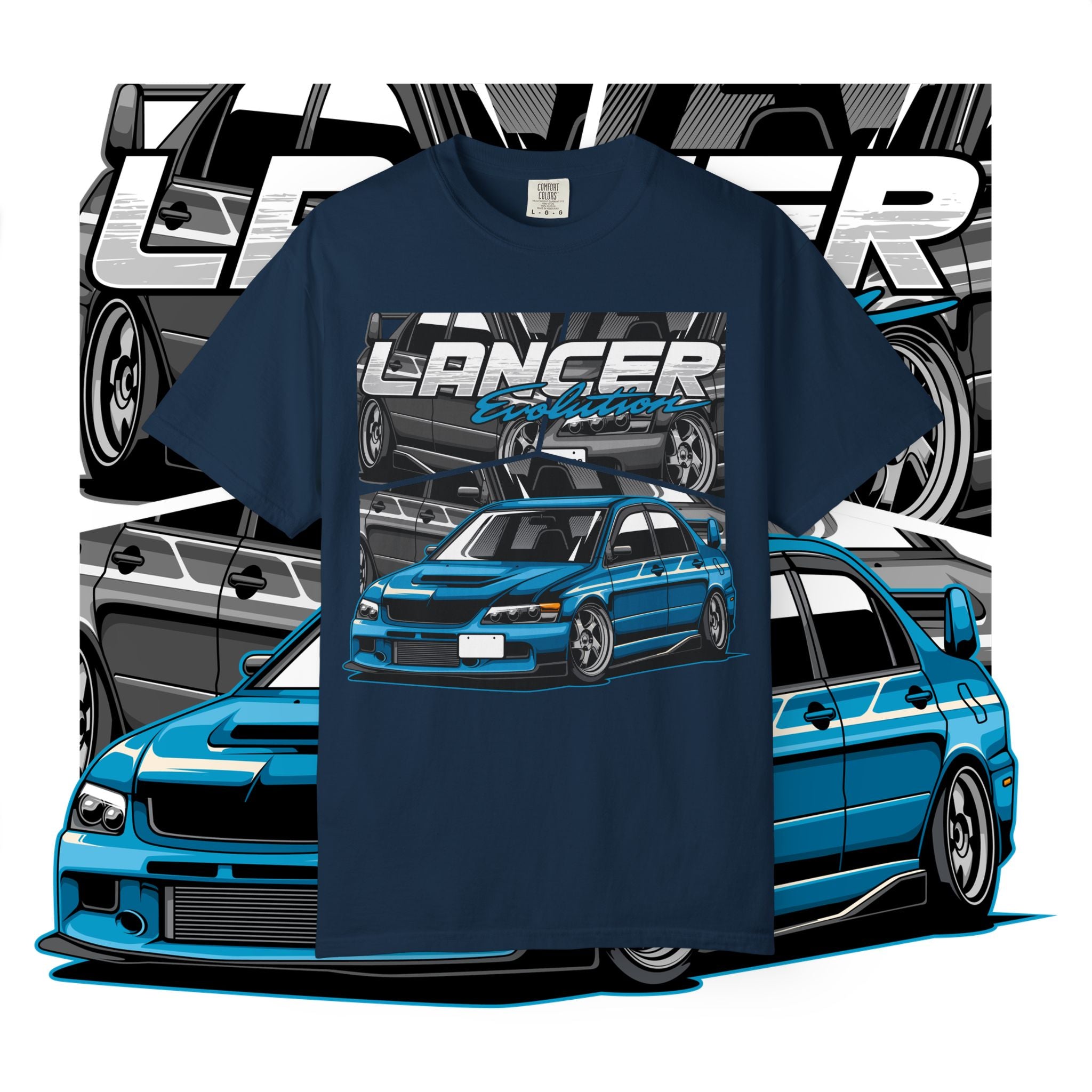 Lancer Evo Graphic T-Shirt — Blue Sports Car Street Racing Tee