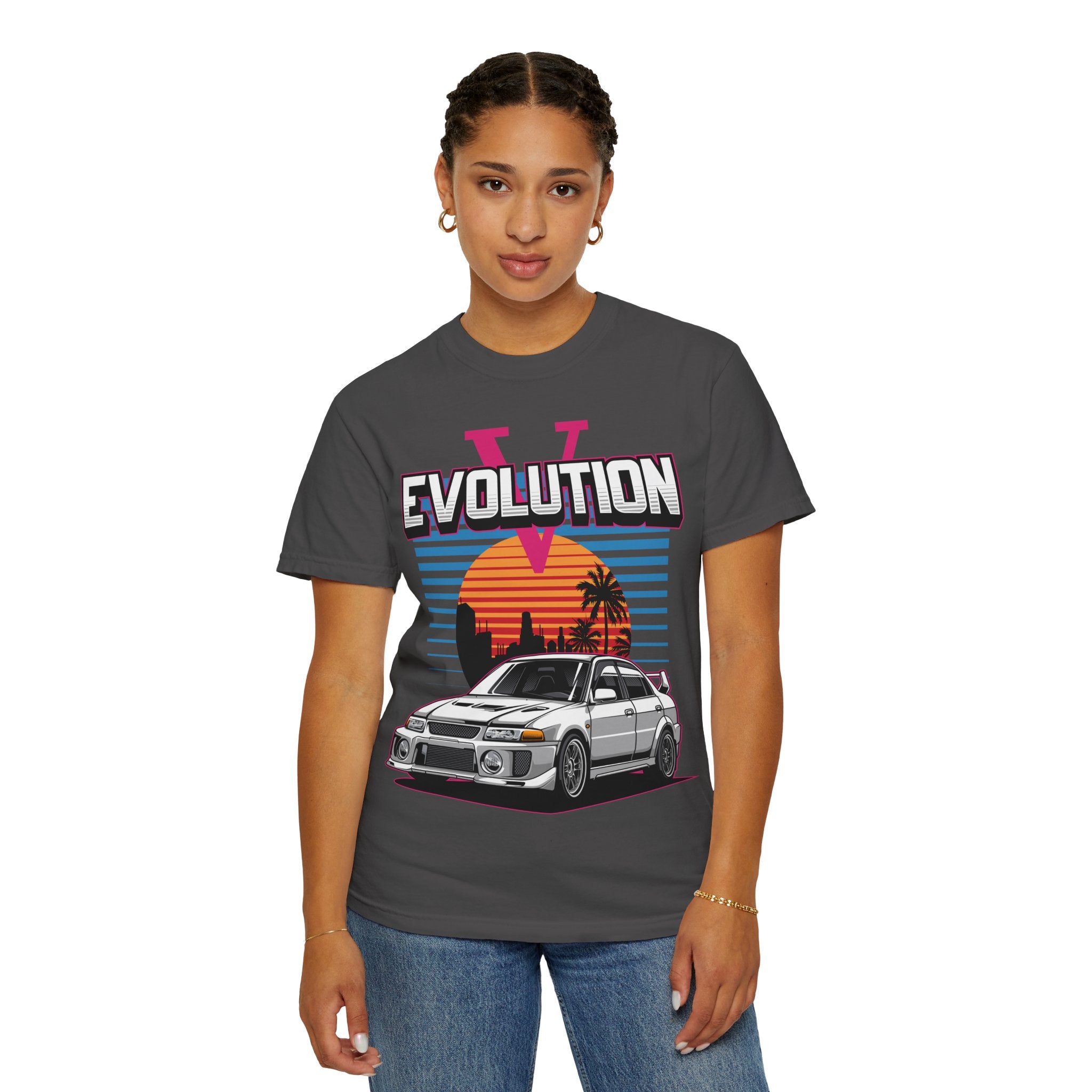 Evolution V Retro Car T-Shirt — Mitsubishi Evo V Skyline Sunset Graphic Tee