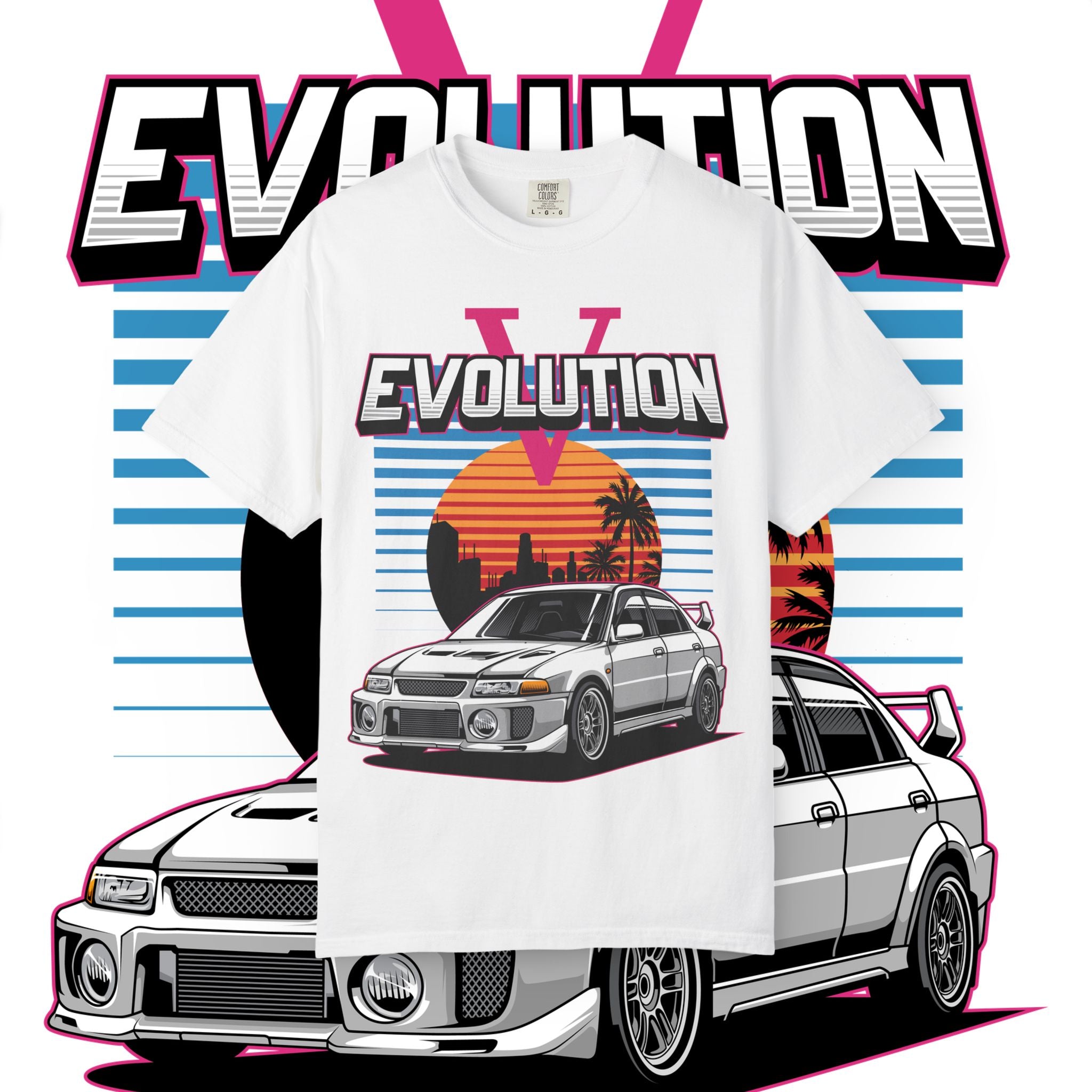 Evolution V Retro Car T-Shirt — Mitsubishi Evo V Skyline Sunset Graphic Tee