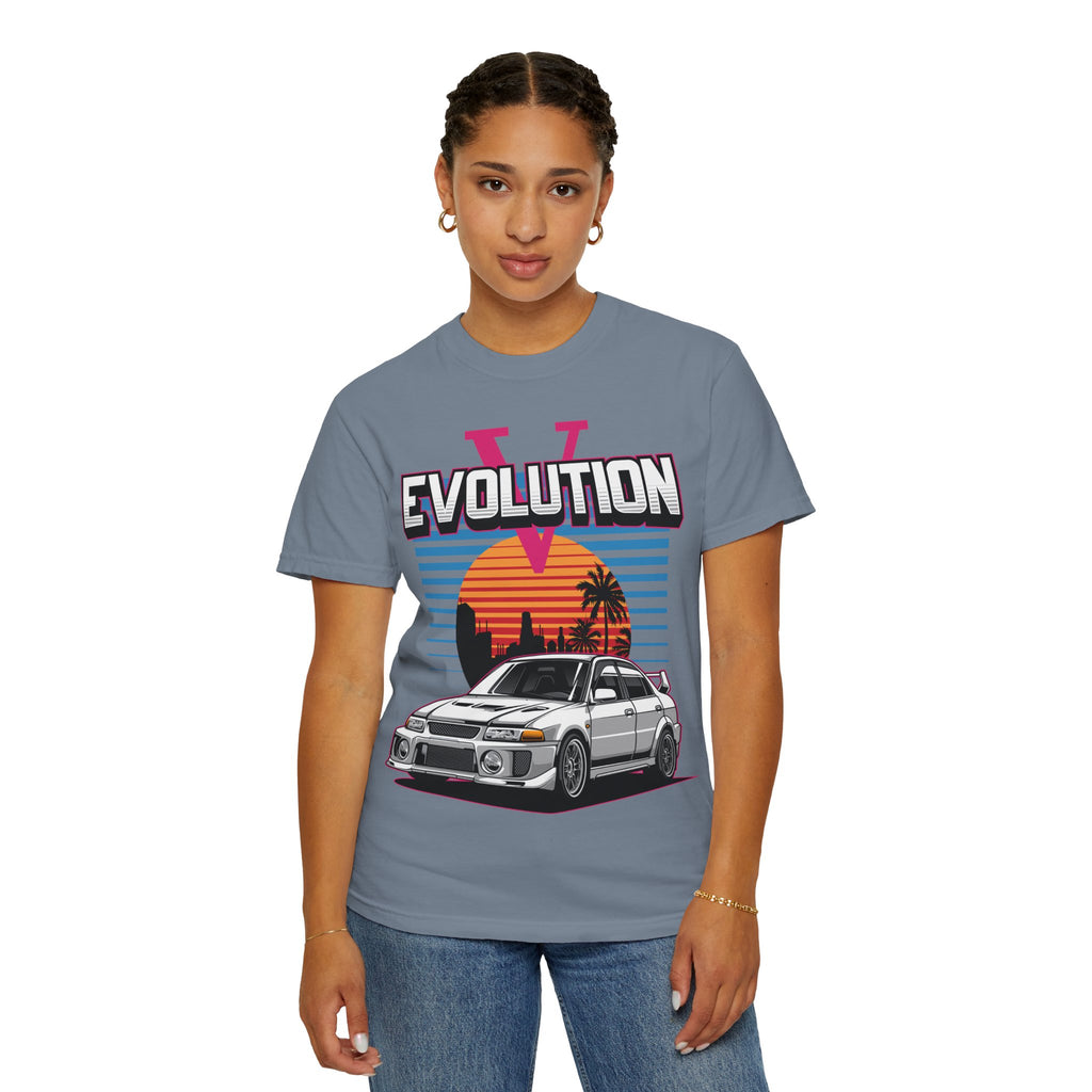 Evolution V Retro Car T-Shirt — Mitsubishi Evo V Skyline Sunset Graphic Tee
