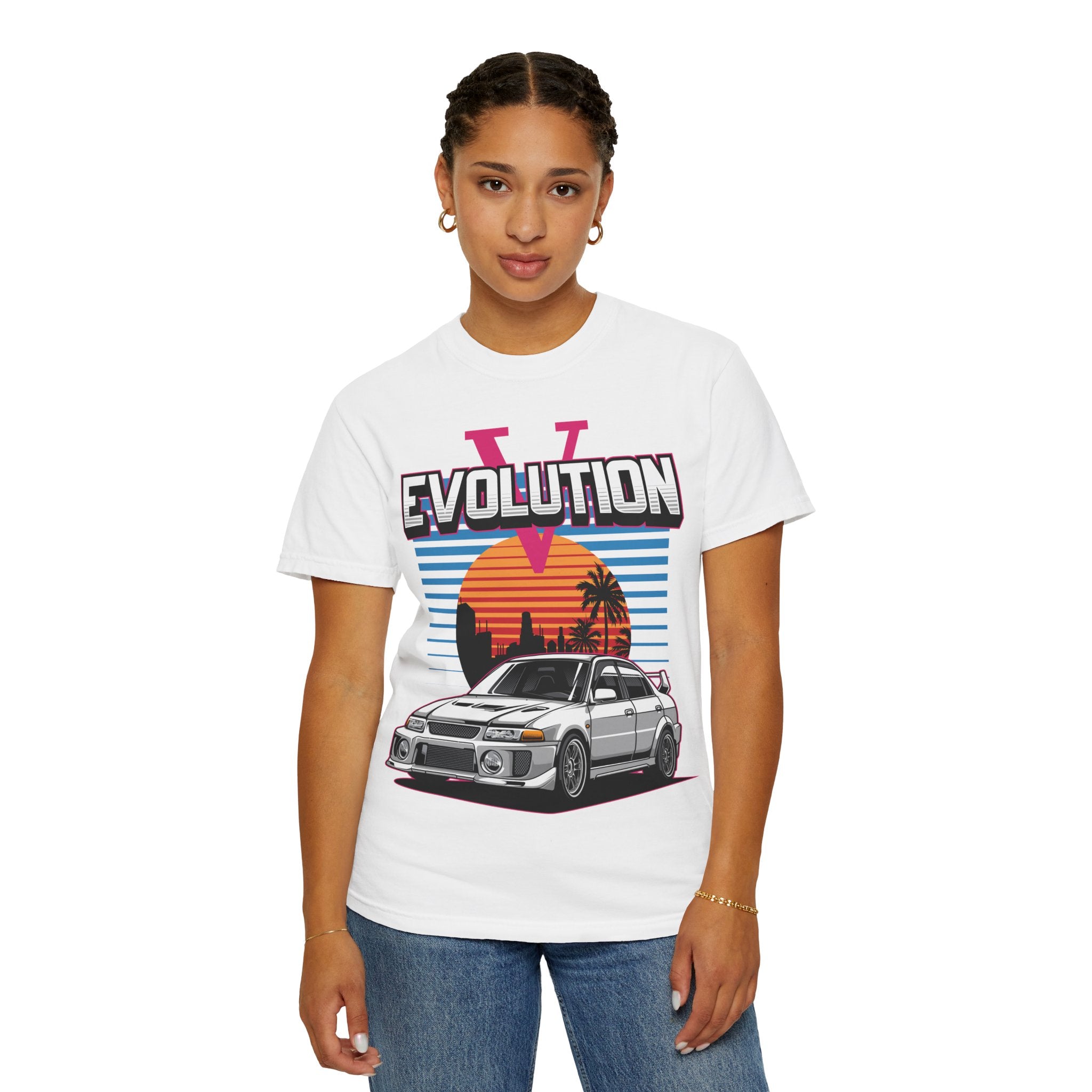 Evolution V Retro Car T-Shirt — Mitsubishi Evo V Skyline Sunset Graphic Tee