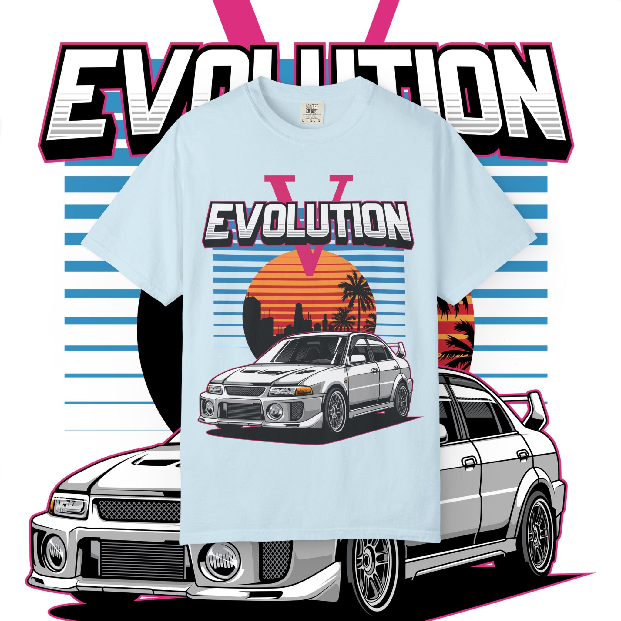Evolution V Retro Car T-Shirt — Mitsubishi Evo V Skyline Sunset Graphic Tee
