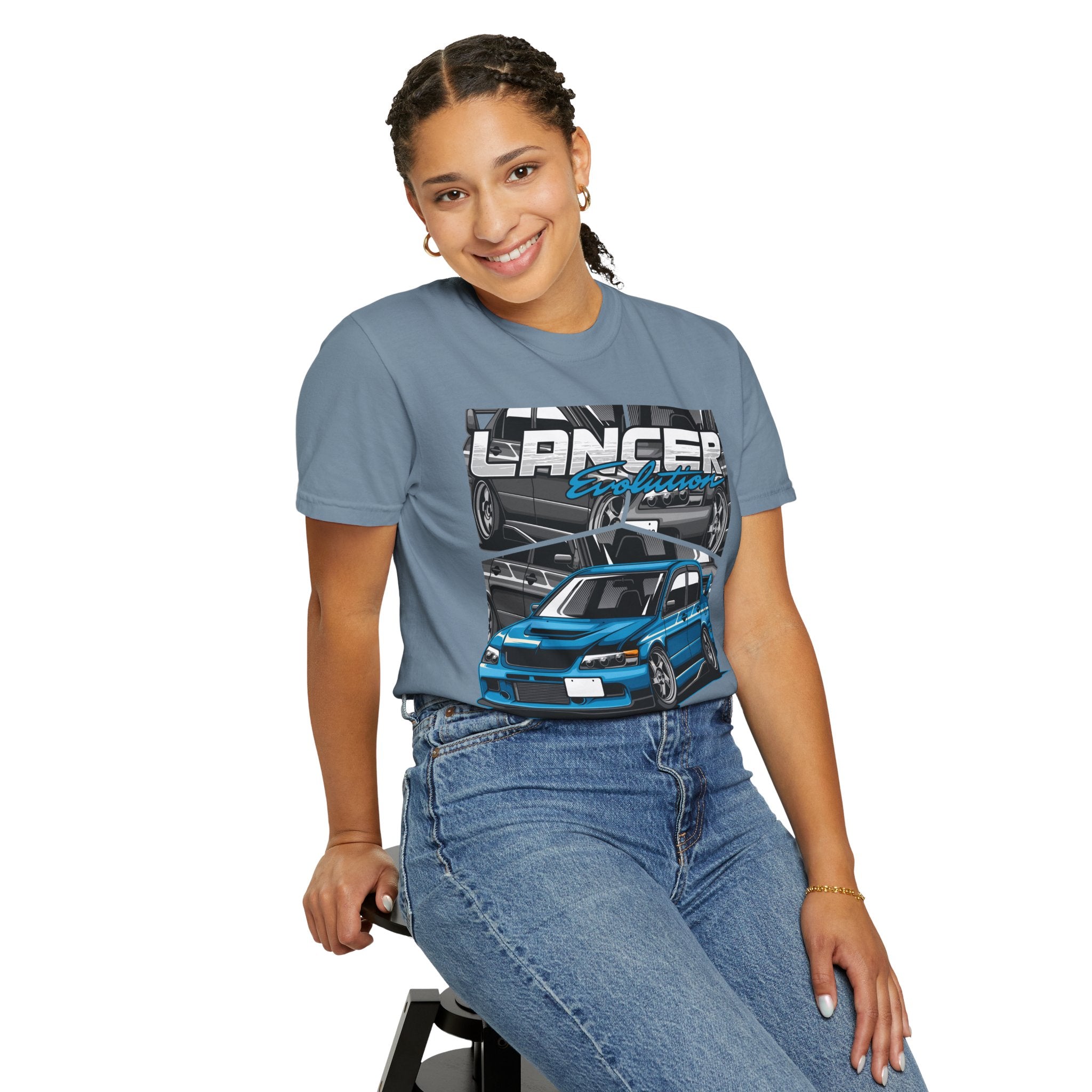 Lancer Evo Graphic T-Shirt — Blue Sports Car Street Racing Tee