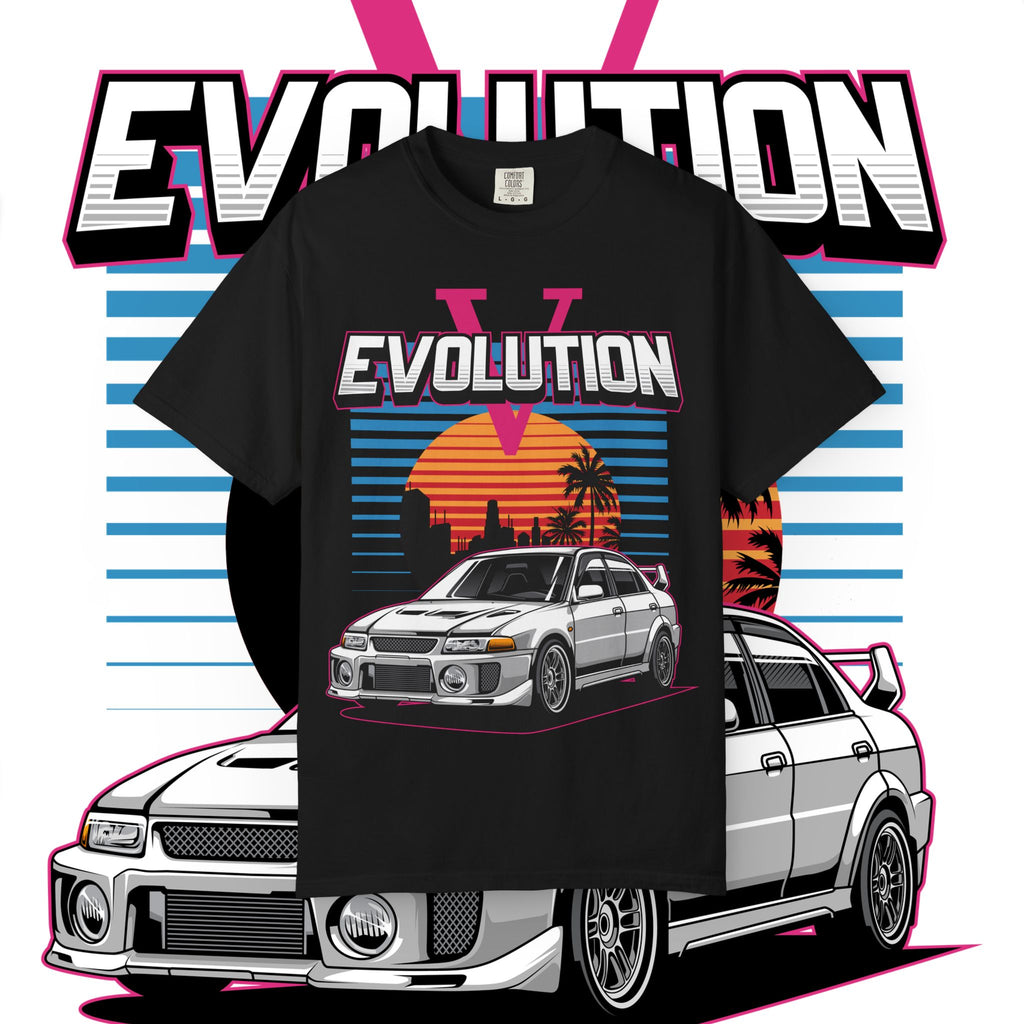 Evolution V Retro Car T-Shirt — Mitsubishi Evo V Skyline Sunset Graphic Tee