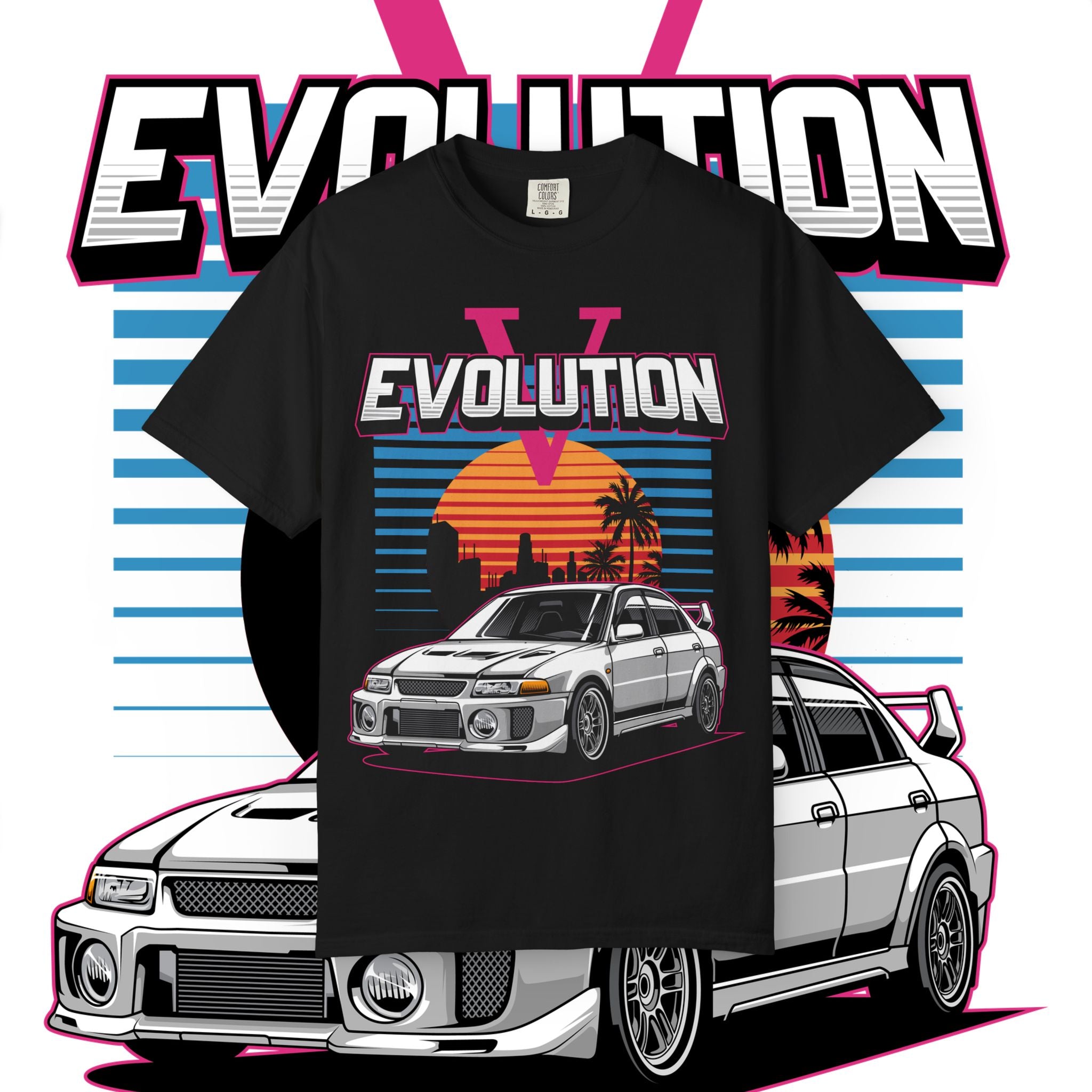 Evolution V Retro Car T-Shirt — Mitsubishi Evo V Skyline Sunset Graphic Tee
