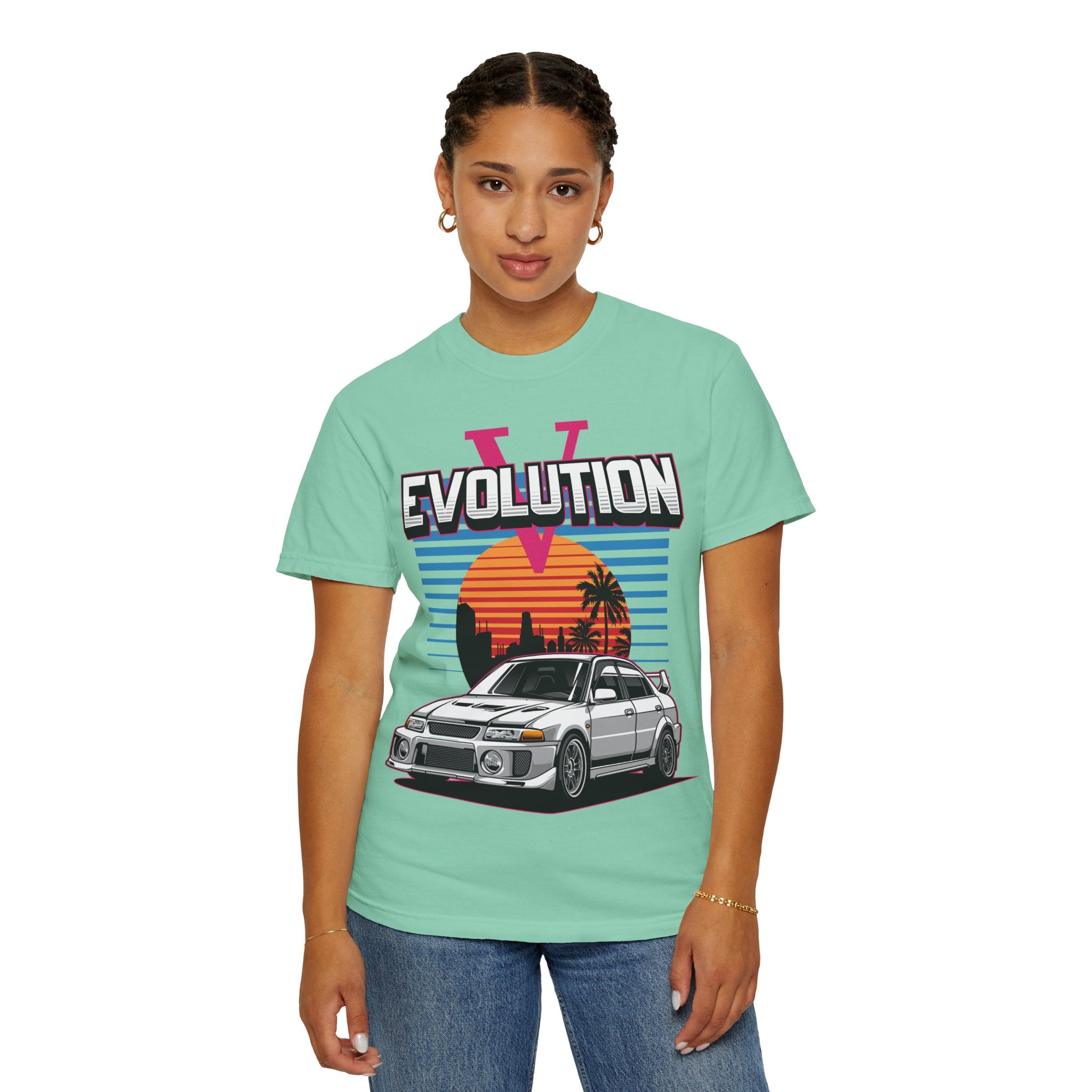 Evolution V Retro Car T-Shirt — Mitsubishi Evo V Skyline Sunset Graphic Tee
