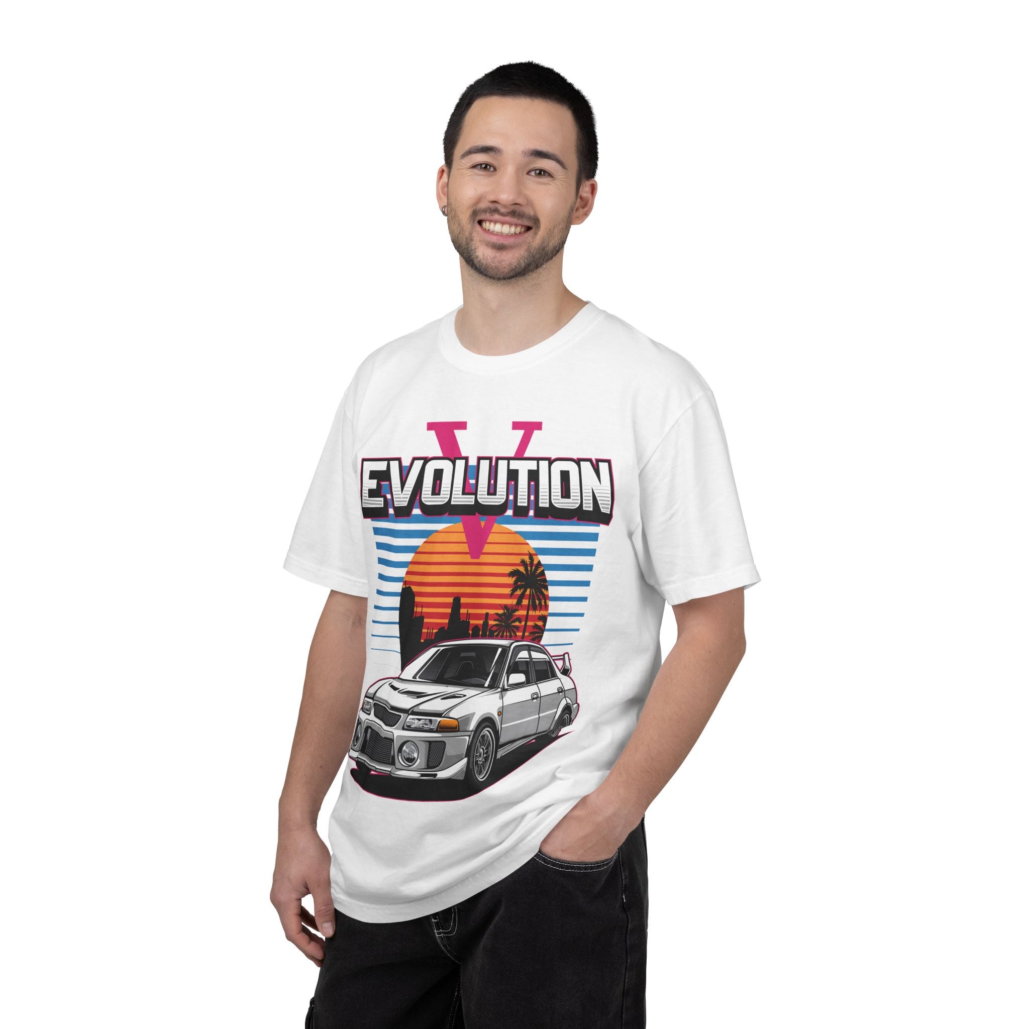 Evolution V Retro Car T-Shirt — Mitsubishi Evo V Skyline Sunset Graphic Tee
