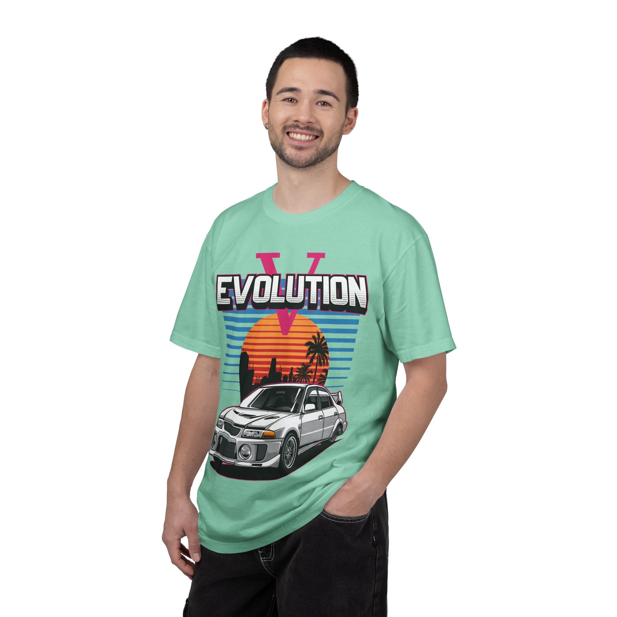 Evolution V Retro Car T-Shirt — Mitsubishi Evo V Skyline Sunset Graphic Tee