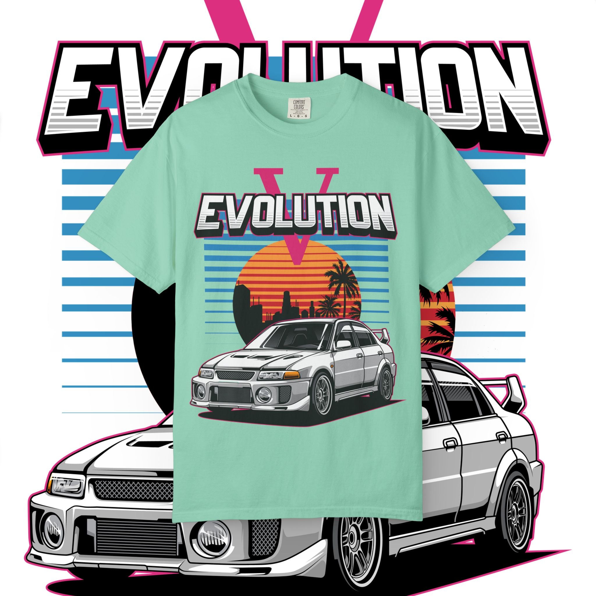 Evolution V Retro Car T-Shirt — Mitsubishi Evo V Skyline Sunset Graphic Tee