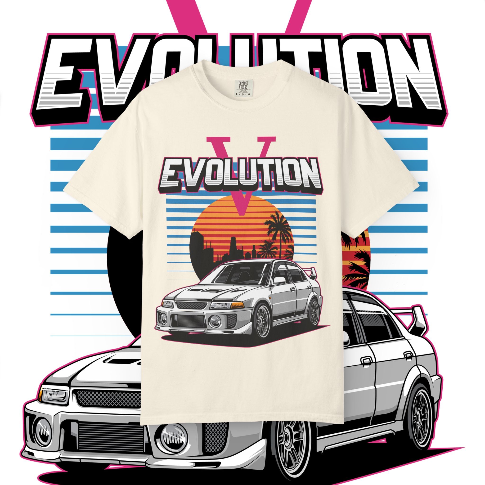 Evolution V Retro Car T-Shirt — Mitsubishi Evo V Skyline Sunset Graphic Tee